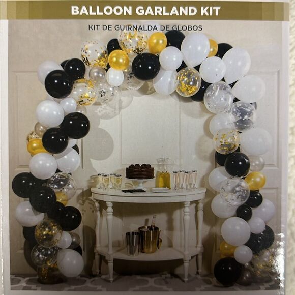 BALLOON GARLAND ARCH KIT White Black Clear & Gold Metallic 112 Count - Picture 1 of 8